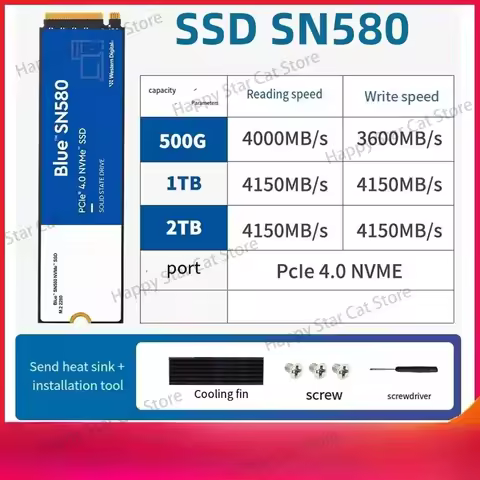 Original FOR WD SSD SN580 NVMe Blue 2TB 1TB 500GB PCIe 4.0 * 4 M.2 2280 Internal Solid State Drive F