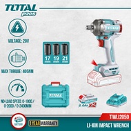 TOTAL Li-ion Impact Wrench (405Nm/ 1/2" /20V) Brushless Motor + 2.0Ah Battery (2 Pcs) + Charger + So