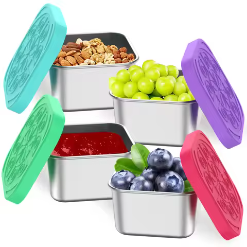 4Pcs 2/6oz Stainless Steel Snack Container Sauce Container with Silicone Lids Leakproof Portable Sta