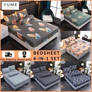 {SC} YUME Fitted Bedsheet 4in1 Queen/2 in1 Single Premium Cotton Fitted Bedsheet Set Cadar Cleance H
