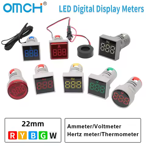 OMCH 22mm Round or Square LED Digital Display Ammeter Voltmeter Hertz Meter Thermometer 0-100A AC50-
