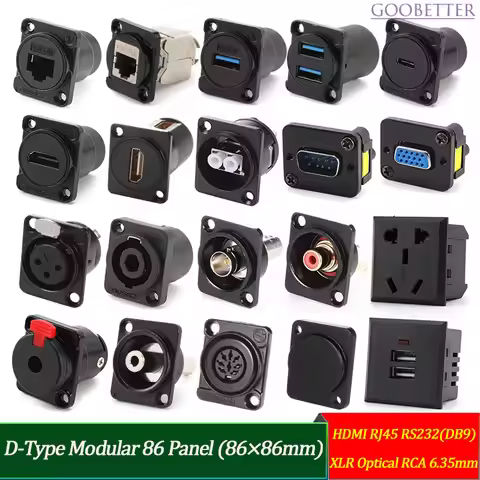 86 AV Panel D-Type Modular Connector HDMI/RJ45/RS232/DB9/XLR/Optical/RCA/6.35mm Pro Install ARJ45 CA