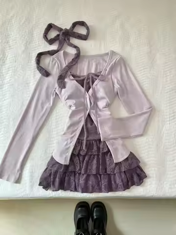 New Women Birthday Rave Korean Fashion Gyaru Y2k Coquette Outfits 2 Piece Set Fake Two Pieces Top + 