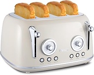 Toaster for 4 Slices, Toaster Long Slot, Stainless Steel Housing, Integrated Bread Attachment, Lid, 