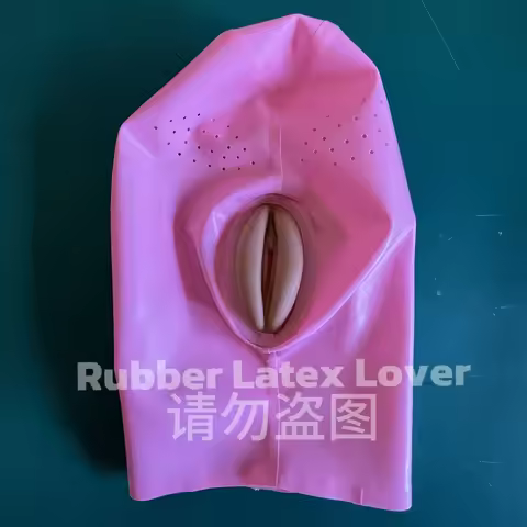 Rubber Fetish Latex Hood with Fake Vaginal Mesh Eyes Back ZipperCosplay/BDSM Party