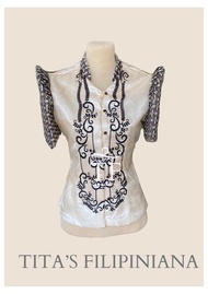 Modern Filipiniana Chinese Collar Top Ethnic and Overlap Skirt Black
