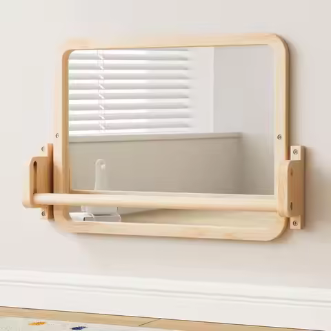 Montessori Mirror with Bar, Baby Pull to Stand Toys, Natural Wooden Frame amp Baby Pull Up Bar, Adju