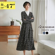 Fresh Elegant Chest Pleated Buttoned Waist Elastic Floral V-Neck Long-Sleeved Dress (Black.blue XL-3