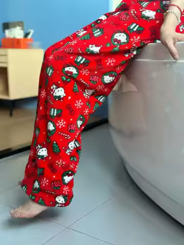 Hello Kitty Christmas Pants Cartoon Flannel Loungewear Autumn Winter Casual Trousers Women's Home Pa