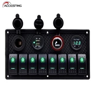 8 Gang Rocker Switch Panel Circuit Breaker Overload Protected Voltmeter 12V 24V DC USB Charger Port
