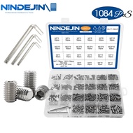 NINDEJIN Flat Point Set Screw M2-M10 Stainless Steel Hexagon Socket Flat End Headless Bolt Grub Scre
