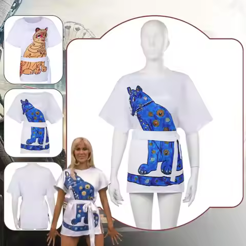 ABBA Cos Agnetha Cosplay Fantasia 70s Costume Vintage Dress T-shirt Disguise for Women Girls Hallowe