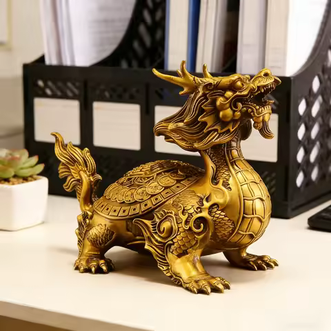 Bixie Beast Brass Dragon Tortoise Desk Statue Desktop Ornament for Feng Shui Wealth & Protection Hom