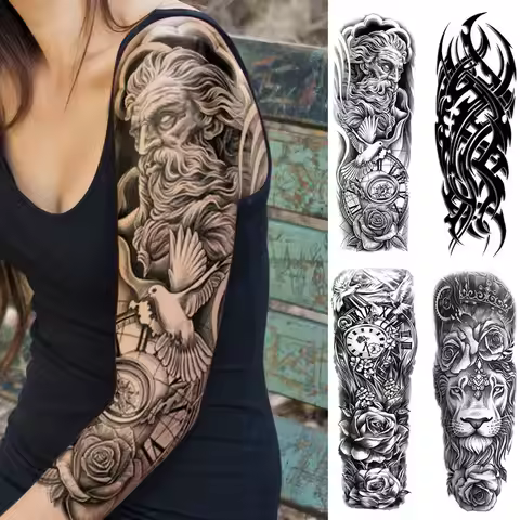 Large Full Arm Sleeve Waterproof Temporary Tattoo Sticker Clock Lion Rose Dove Tribal Totem Fake Tat