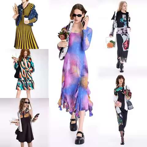 Original Spanish European and American style abstract print round neck long dress with cinched waist