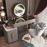 Modern Dressing Table ladies with mirror 3 color lighting, Makeup Vanity Desk glass table top, Vanity Table set with storage cabinet and stool, cosmetic table for bedroom desk ( Color : Gray+Gold B ,