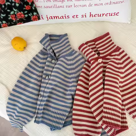 7135 Children's Knitted Cardigan Coat 2025 Autumn and Winter Korean Striped Baby Girl's Sweater Card