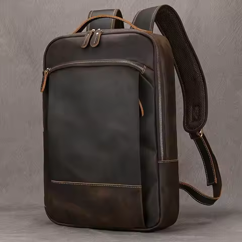 Vintage Men's Crazy Horse Leather Backpack genuine leather Retro Rucksack Large Classic Travel Backp