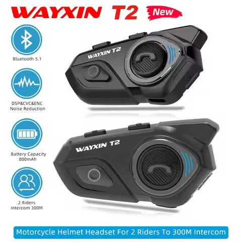 WAYXIN T2 Motorcycle Helmet Headset For 2 Riders To 300M Intercom Headphone Motorbike Communicator I