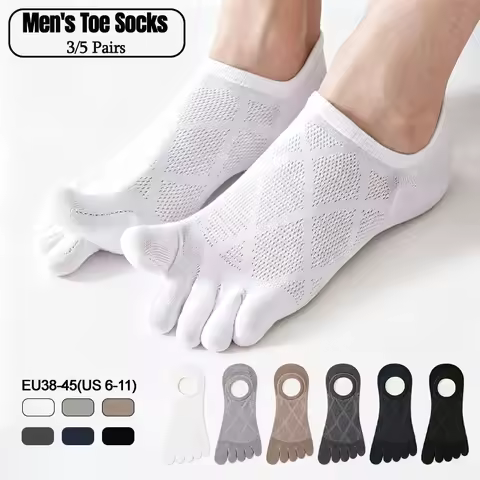 3/5 Pairs Men's Bamboo Fiber Five Toe Socks Summer Breathable No Show Invisible Anti-slip Liner Sock