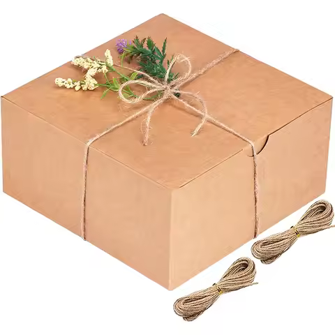10Pcs 15x15x10cm Gift Boxes with Lid Kraft Paper Box with Jute Twine for Party Favors Birthday Weddi