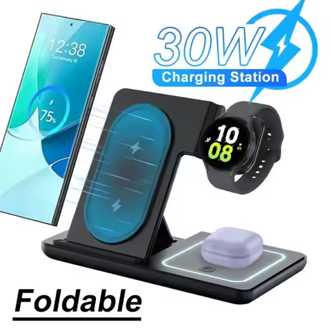 Foldable 3 in 1 Wireless Charger LED Light Stand Fast Charging Station For Samsung S24 S23 Galaxy Wa