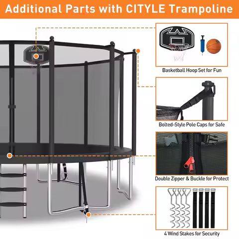 Heavy Duty Trampoline,Safety Enclosure Net & Light & Basketball Hoop,for Adults & Kids,1500LBS 8/10/