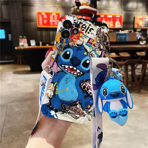 3D Cute Blue Stitch Angel Cartoon Pendant Case For Vivo Y51 Y33S Y93 Y35 Y36 Y27 4G 5G Y91 Y95 Y33 Y