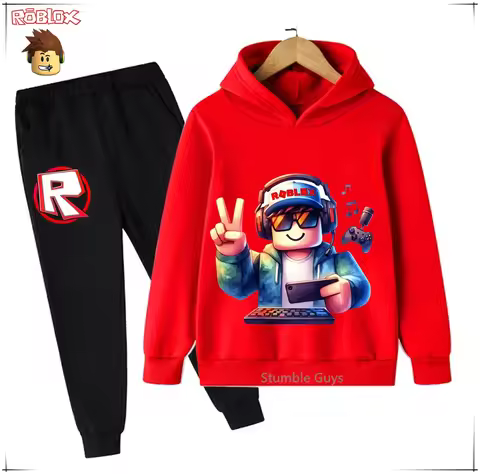 Spring Autumn Boys Girls Roblox Hoodie Set 2-Piece Avatar Anime Clothes Print Kids Casual Sweatshirt