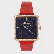 MEIBIN美賓 M1288M 優雅方形點點星空淑女皮帶腕錶- 紅色