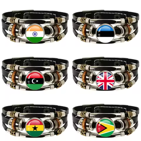 National Flag Trinidad,Sierra leone,Jamaica,Guyana,Ghana,UK,Libya,India Leather Black Bracelet Hand-