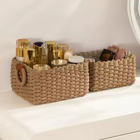 3PCS Woven Storage Basket, Paper Rope Storage Basket with Handle, Small Woven Basket for Organising,