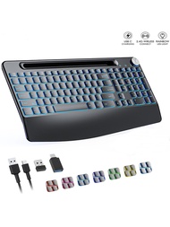Wireless Keyboard with 7 Colored Backlits Wrist Rest Phone Holder Rechargeable Ergonomic Full Size K