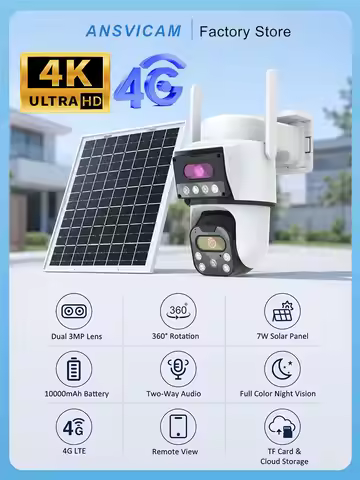 ANSVICAM 4G Outdoor Solar Camera 8MP Dual Lens PIR Night Vision Waterproof Security Camara Battery W