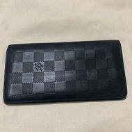 LV 黑棋盤 凸面設計 對開 拉鍊 男用 真皮羊皮長夾 N63010