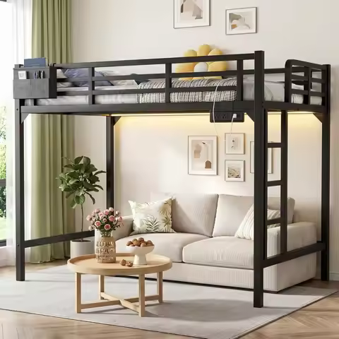 Twin XL Loft Bed with LED Lights & Charging Station Heavy Duty Metal Bed | Metal Frame Ladder & Guar