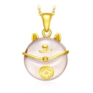 CHOW TAI FOOK 999.9 Pure Gold Pendant with Chalcedony - Fortune Cat R19577