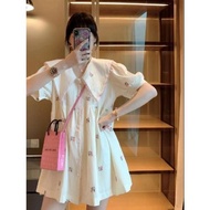 Shop Large Size 150kg Doll Collar Short Sleeve Dress Women Loose French Retro Preppy Style BF Contra