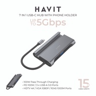 HAVIT HVHB-HB4001 7 in 1 Hub with Phone Holder USB-C to USB-A/HDMI/PD 100W/RJ45/VGA Multiple Interface Extensions