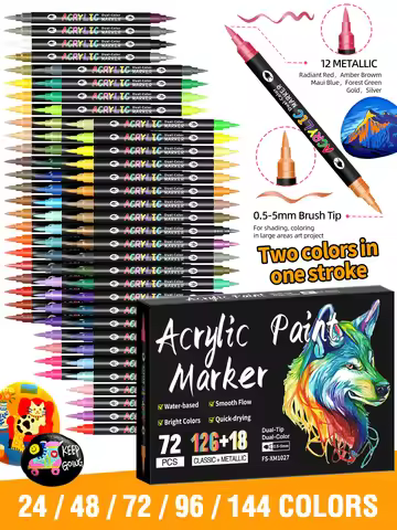Dual-Tip Dual-Color Acrylic Marker Set, Available in 24/48/72/96/144 Colors, Soft Tip 0.5-5mm, One P