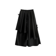 XITAO Asymmetrical Patchwork Bandage Pants Solid Color Elastic Waist Loose Calf-length Wide Leg Pant