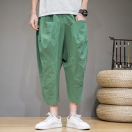 NGHG MALL-Flax men's Thai style loose and thin wide leg cropped pants for youth cotton and linen casual wear