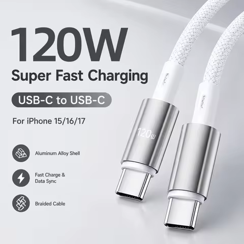 120W USB C Fast Charging Cable Braided Type C Data Cable for iPhone 15 16 17 Huawei 66W