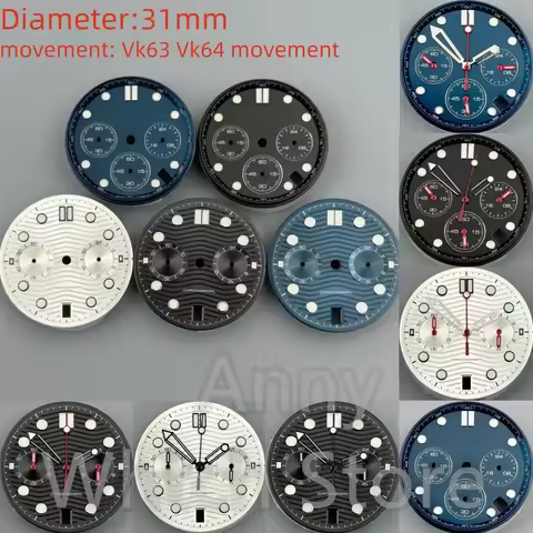 31mm Vk63 Vk64 Chronograph Watch Dial With Hands Green Luminous 4 Hour's Date 6 Hour's Date Window F
