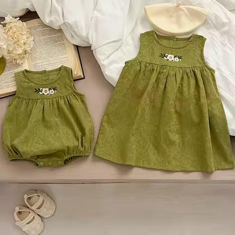 2024 Infant One Piece Big Sisters Dresses Girls Sisters Clothes Summer Baby Clothes Embroidery Flowe