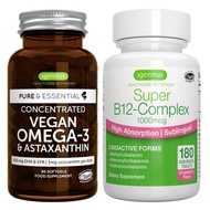 Vegan Omega-3 + Super B12-Complex 1000mcg Vegan Bundle, Sustainable DHA & EPA Algae Oil 1340mg + Hig