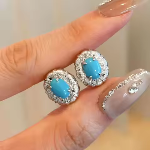 silver 925 light luxury High quality turquoise earrings for women fashion oval wire drawing blue ear