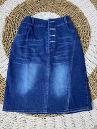 Rok Jeans Span Stretch Pendek Belah Samping Pinggang Karet // Rok Jeans Wanita 7/8 Kekinian