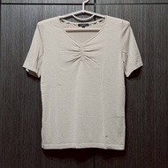 BURBERRY博柏利 LONDON 戰馬 女香檳金抓皺領口彈性短袖T恤2號