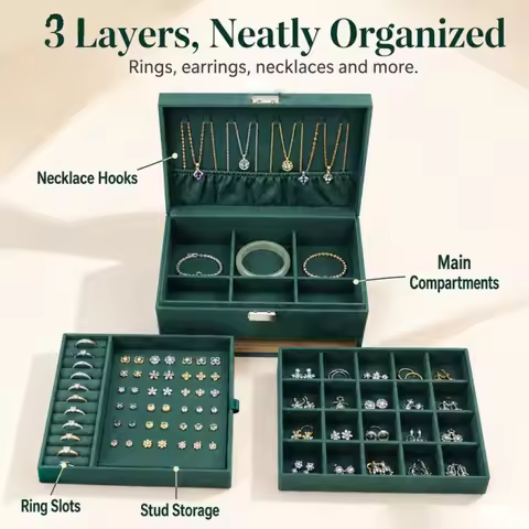 Jewellery Box for Women, Lockable Travel Jewellery Box 3 Layers Organizer, Jewellery Storage Case fo